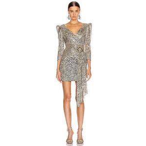 PATBO Gold Metallic lurex mesh fabric Leopard Drape Mini Dress sz 4